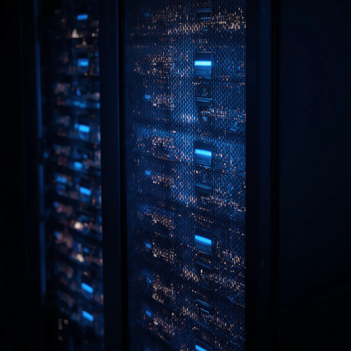 Server racks in a data centre, lit by blue status lights
